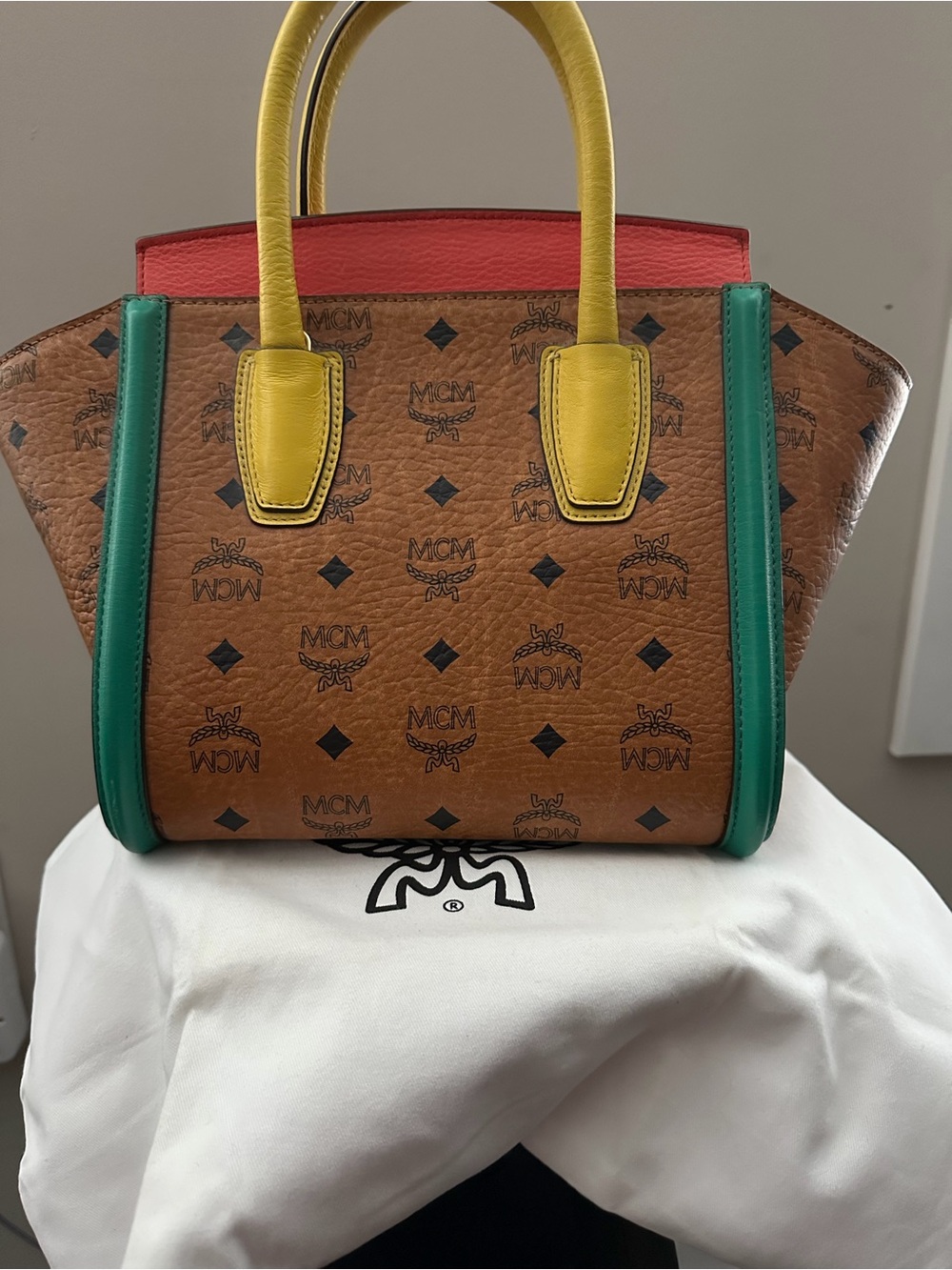 MCM Cognac Visetos Tote with Yellow Handles & Green Trim - Picture 1 of 5